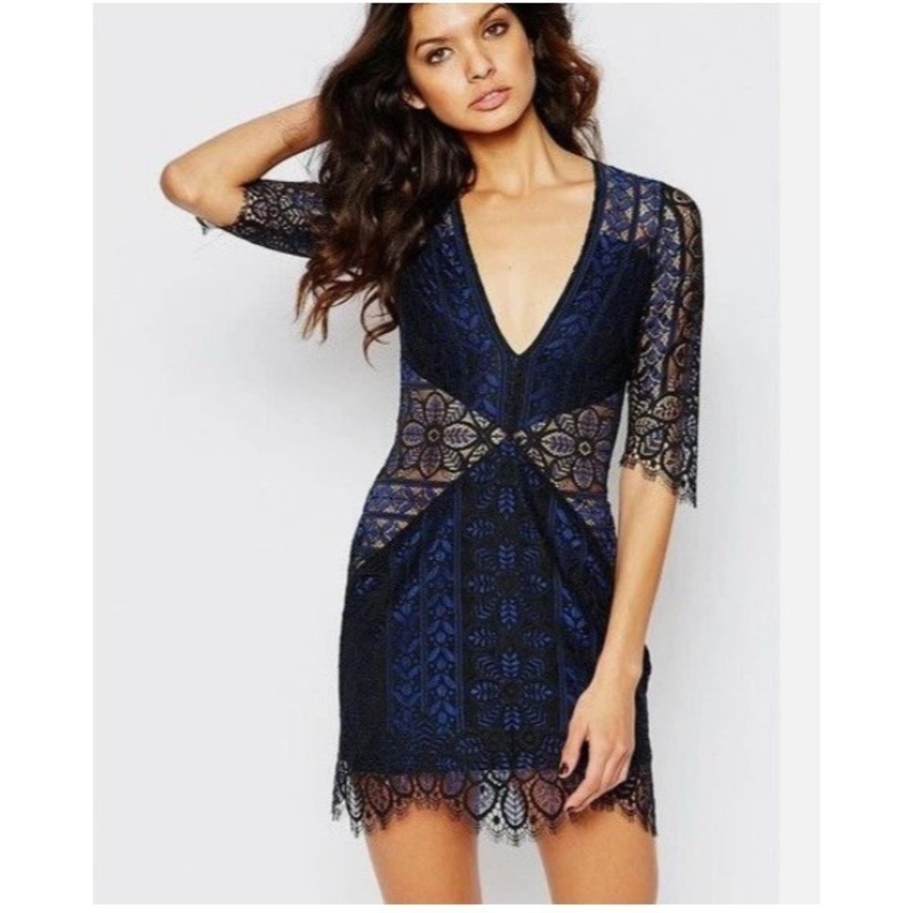 For Love & Lemons Free People Lyla Blue Lace Mini Dress M Zip Lined Bodycon